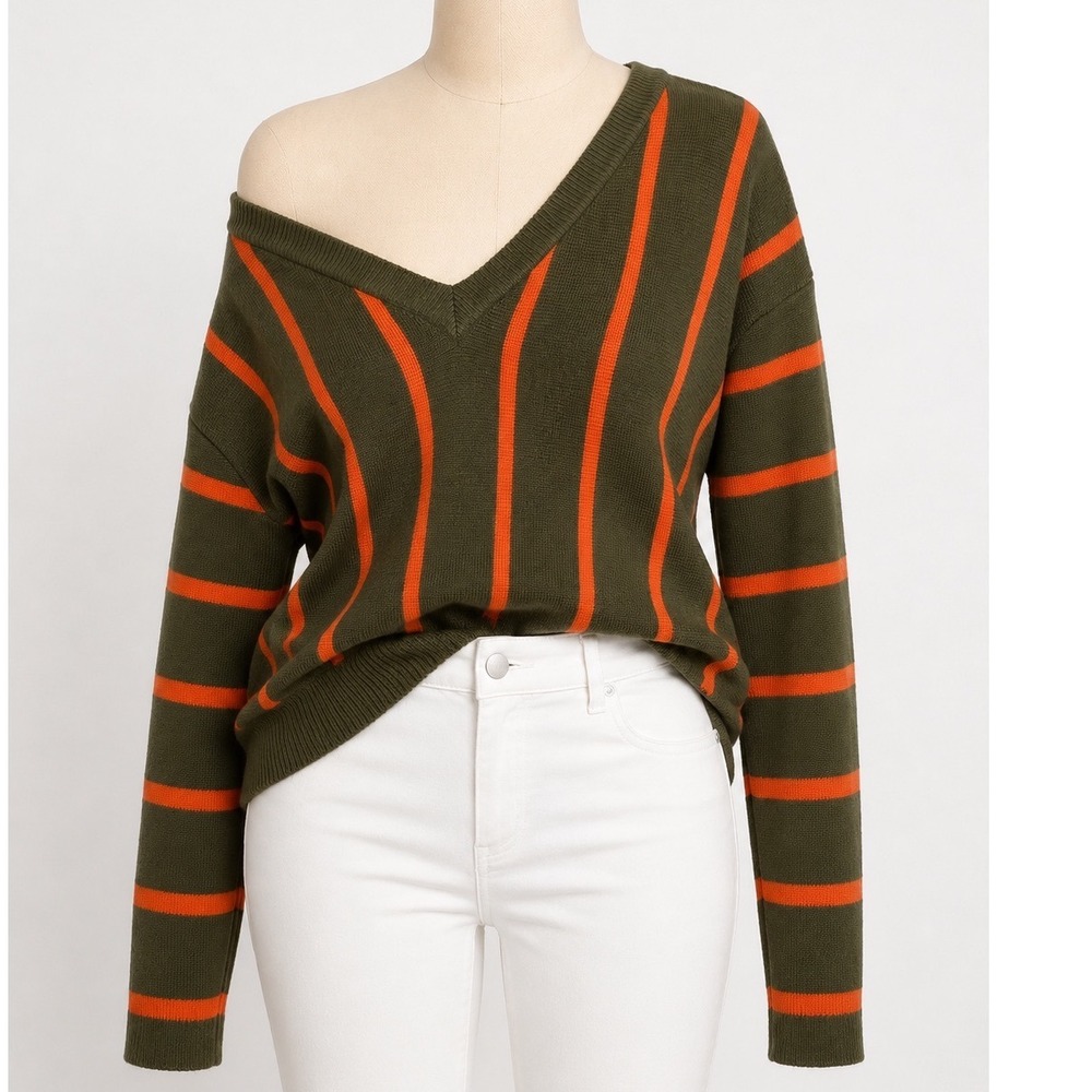 Forever 21 Womens Olive Green Orange Striped V-Neck Off Shoulder Sweater Small